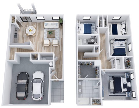 two views of a floor plan of a house with two cars in it